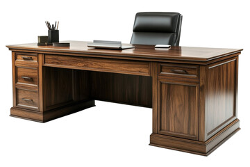 Fototapeta premium Elegant Executive Desk Rich Walnut Wood Spacious Design Professional Workspace Black Leather Chair Modern Office