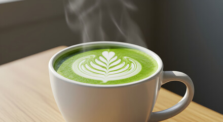 Vibrant matcha latte with latte art in modern ceramic cup steaming