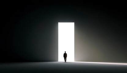 Obraz premium Man Walking Towards Bright Light Exiting Dark Space Into New Opportunity