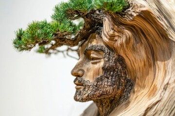 Unique Wood Carving of Human Face with Green Tree Crown