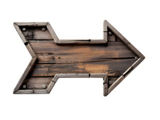 Wood Arrow: An weathered wooden arrow, pointing towards the right direction. The sign exudes rustic charm and conveys a sense of guidance and direction.