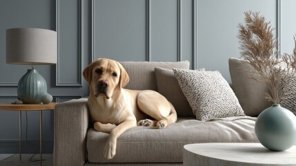 Yellow Labrador relaxing on a beige sofa