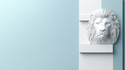 Lion Head Sculpture: A minimalist composition featuring a majestic lion head sculpture on a backdrop of soft pastel colors, evoking feelings of strength and serenity.