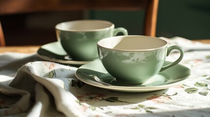 Two green teacups and saucers sit on a floral tablecloth.