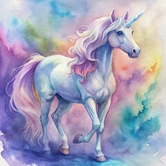Naklejka premium Watercolor painting of a majestic unicorn with a colorful background