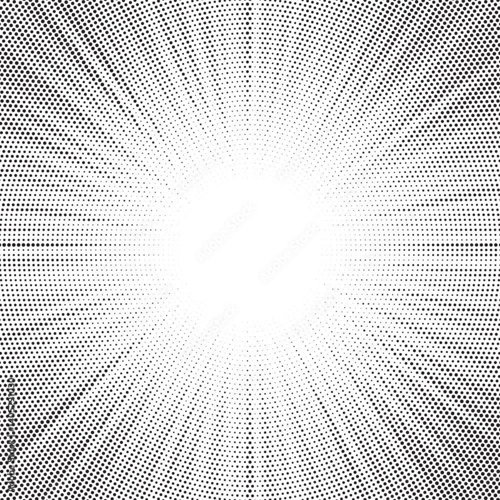 Poster Halftone gradient sun rays pattern. abstract halftone vector dots background. monochrome dots pattern. pop art, comic small dots. star rays halftone poster. shine, explosion. sunrise rays background. 