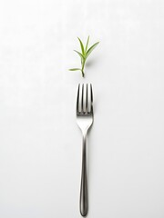 Minimalist Concept of Sustainable Eating - Fork with Plant Sprout on White Background
