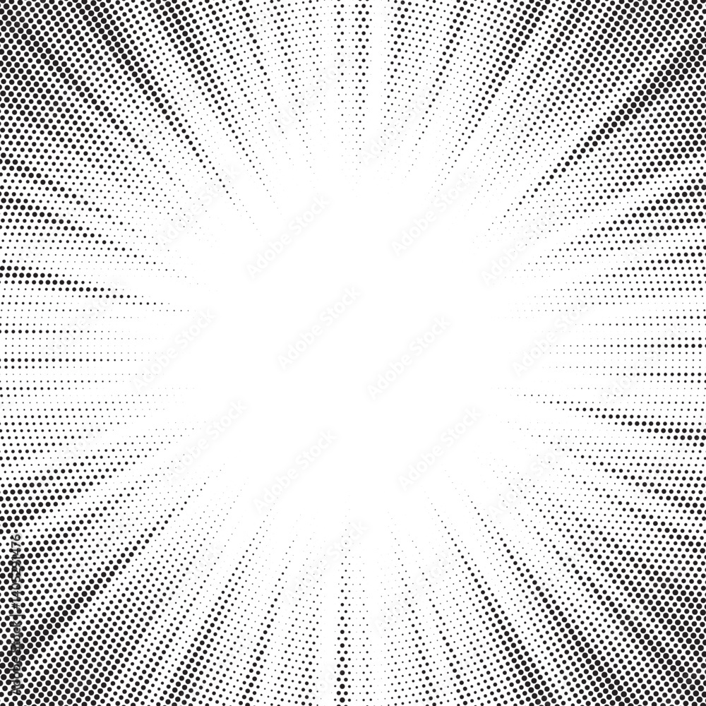 Leinwandbilder Halftone gradient sun rays pattern. abstract halftone vector dots background. monochrome dots pattern. pop art, comic small dots. star rays halftone poster. shine, explosion. sunrise rays background.