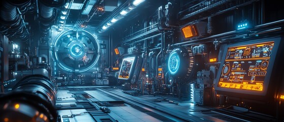 industrial piping inside a chemical refinery, futuristic control systems, intricate metal pipes, advanced machinery, glowing effects, AIgenerated, ultrarealistic style