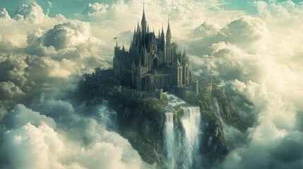 Fototapeta premium Majestic castle rising above lush mountains and cascading waterfalls during a vibrant sunset with dramatic clouds