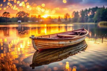 Fototapeta premium Boat Serenity: A wooden boat floats on a tranquil lake at sunset, reflecting the warm hues of the sky and creating a serene atmosphere, evoking a sense of peace and contemplation.