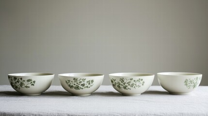 Four white bowls with green leaf designs on a white tablecloth.