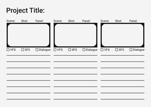 Professional film storyboard template. Perfect for Filmmakers, Designers & Animators. Movie storyboard layout, ideal for scene planning. A4 size template for filmmakers and designers - Powered by Adobe