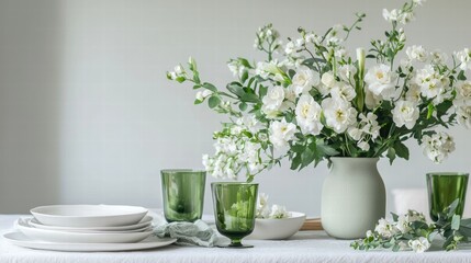 Fototapeta premium A table setting with white plates, bowls, and a vase of white flowers.