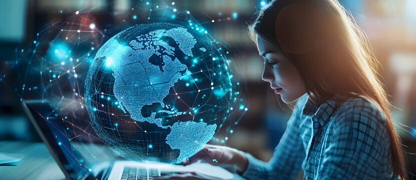 Woman using laptop with digital globe overlayed - Powered by Adobe