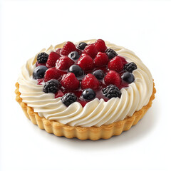 Berry tart with whipped cream on white background