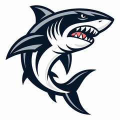 Design a fierce shark mascot vector illustration with a bold stroke.  Include sharp, detailed fins and teeth.
