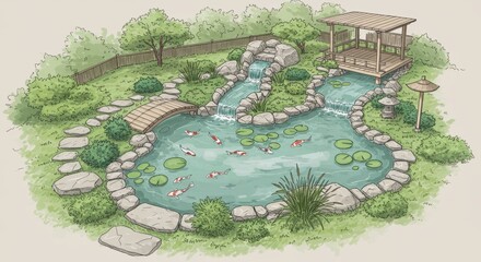 Fototapeta premium Japanese Koi Fish Pond Design Outline