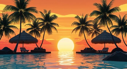 orange theme Sunset over tropical hut 3d render concept background design