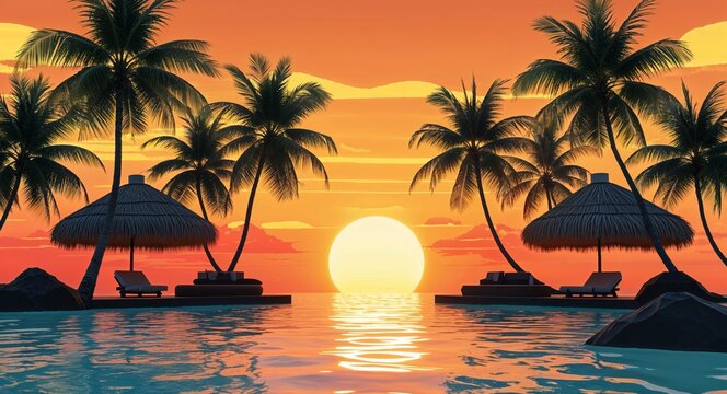 orange theme Sunset over tropical hut 3d render concept background design