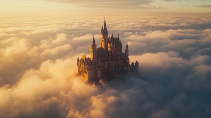 Majestic castle rises above clouds at sunrise illuminating the sky with warm hues and creating an enchanting landscape