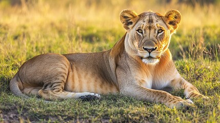 Naklejka premium A majestic male lion resting in the golden savannah at sunset, showing off his fine fur texture and powerful wildlife presence, bathed in warm natural light.
