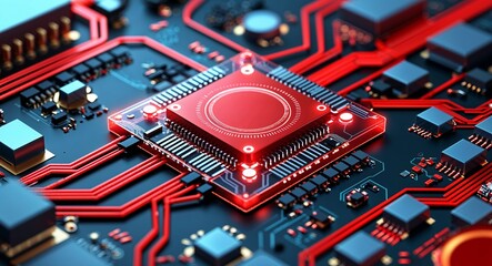 red theme Nanotechnology controller chip 3d render concept background design