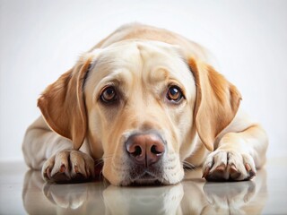 Sad Labrador Portrait: A close-up of a yellow Labrador Retriever with soulful eyes, lying down and looking forlorn, capturing the tender vulnerability of this loyal breed.