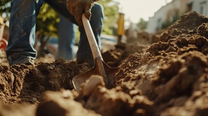 Construction worker digging a trench with a shovel for plumbing installation. Featuring strength and precision