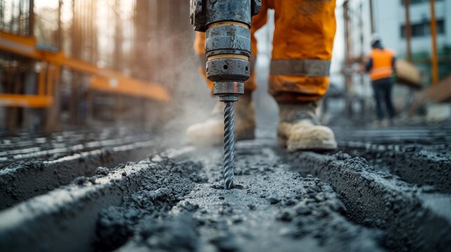 Construction worker drilling holes in concrete for anchor bolts. Featuring precision and expertise
