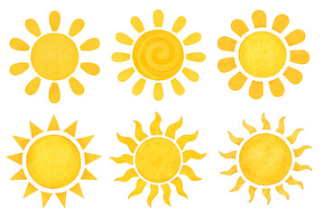 Watercolor Sun Clip Art on isolated transparent background with different sun rays collection 