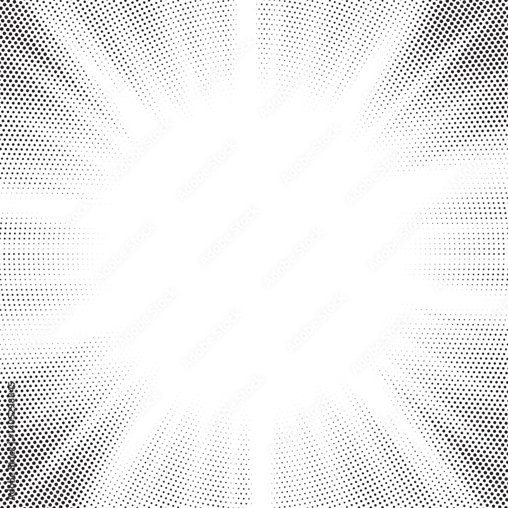 Aufkleber Halftone gradient sun rays pattern. abstract halftone vector dots background. monochrome dots pattern. pop art, comic small dots. star rays halftone poster. shine, explosion. sunrise rays background.