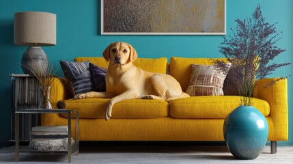 Yellow couch, teal walls,  Labrador.
