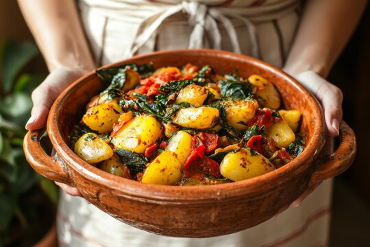 Rustic clay bowl filled with Spanish tripe stew featuring tender tripe, chickpeas, and spices. Concept of warm gathering around Spanish tripe stew, showcasing Callos a la Madrilena.