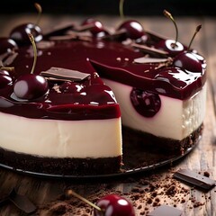 A Black Forest cheesecake has layers a base made of chocolate cookie crust, a middle layer of white cheesecake, and a dark cherry topping