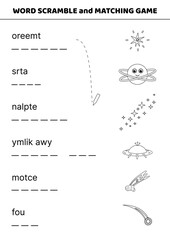 Word scramble and matching game with. Space objects. Black and white. English words. Sort letters into correct order. Cartoon, Isolated vector illustration eps 10
