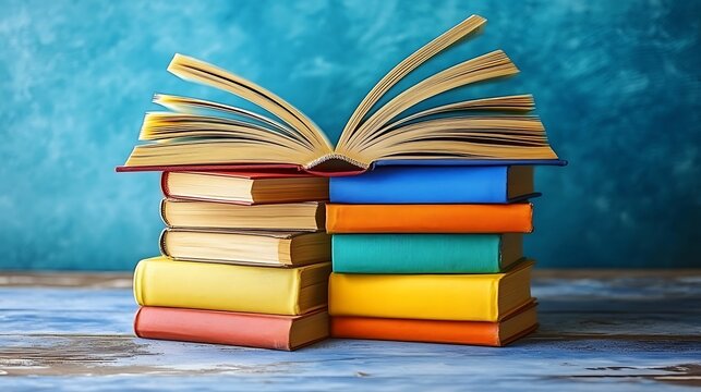 Stack of Vintage Books with Open Book on Top, Stack of vintage books with one open on top, against a textured background