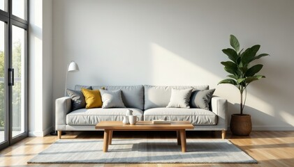 Grey sofa, wood coffee table, bright living room, soft, grey sofa, living room