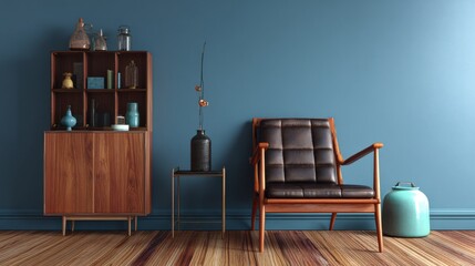 Mid-century modern living room with teal walls