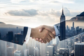 A double exposure image of a business handshake overlaid on a city skyline, symbolizing successful partnerships. (Welcome)