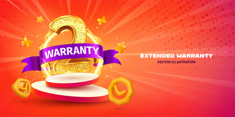 2 Years Warranty Badge. Gold Number Two, Bright Purple Ribbon, and 3D Icons on Red Gradient Background. Ideal for Extended Warranty Promotions. Vector Illustration.