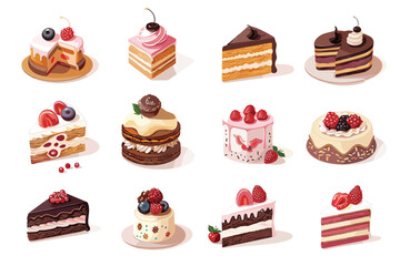 Set of colorful and realistic sweet.  Set of isolated cakes decorated with cream and fruit, rolls, pastries and candy.
