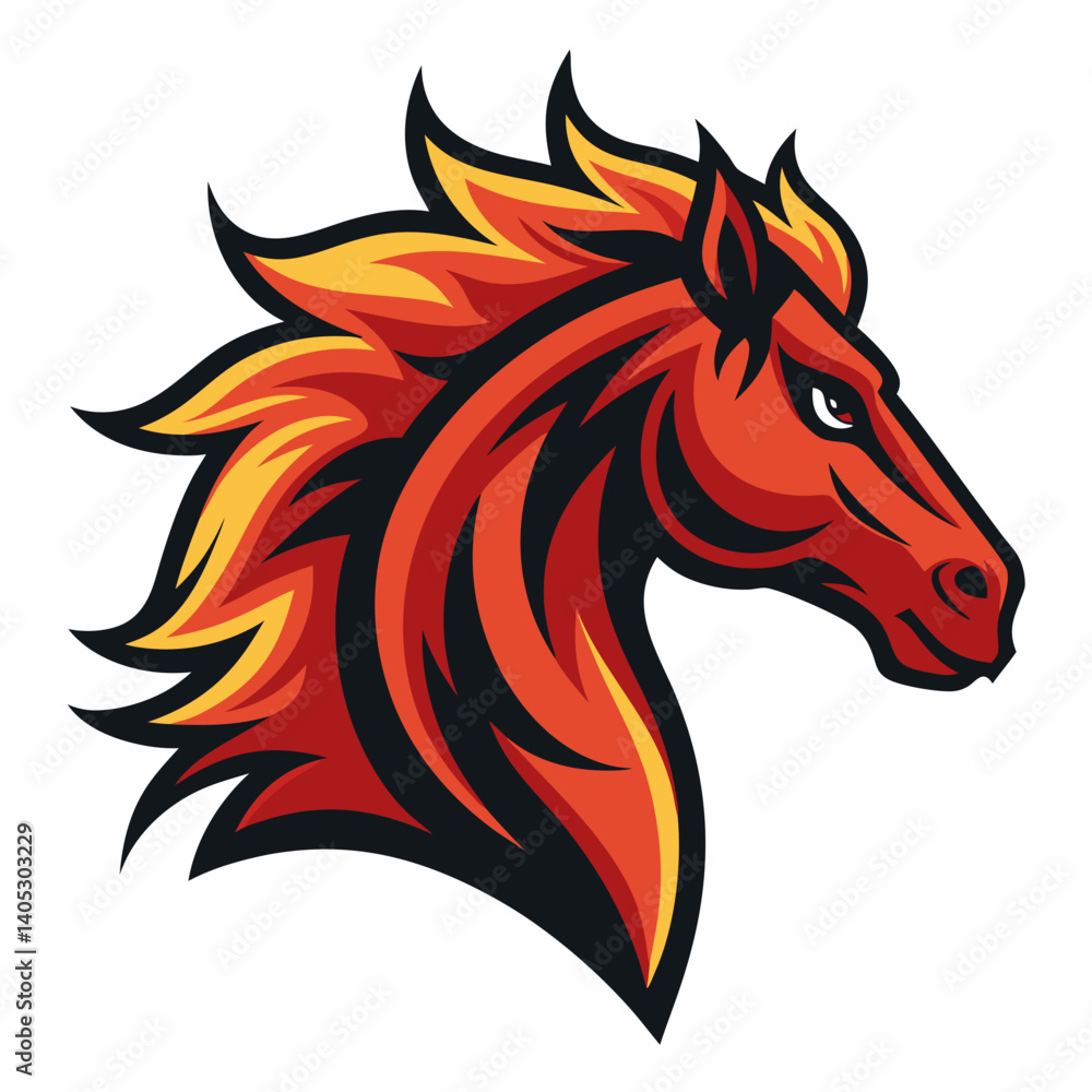 Poster create a vector graphic of a bold, flaming horse head with a strong stroke.
