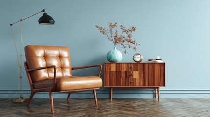 Mid-century modern living room with a leather armchair.