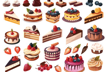 Set of colorful and realistic sweet.  Set of isolated cakes decorated with cream and fruit, rolls, pastries and candy.