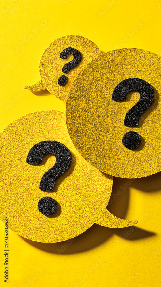 Poster yellow speech bubbles with black question marks on yellow background, representing questions, inquir