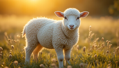 Obraz premium Lamb Standing in Field with Golden Sunset Light and Soft Focus