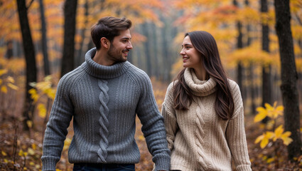 Fototapeta premium Romantic Couple Walking In Autumn Forest Holding Hands In Sweaters