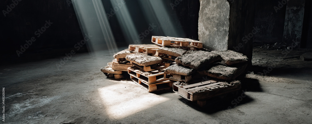 Poster sturdy wooden pallets stacked in industrial space, illuminated by soft rays of light, create serene 