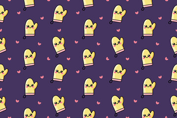 Seamless pattern with adorable cute kitchen glove or pot holder in flat kawaii style. Yellow kitchen equipment kawaii character icon isolated on purple background